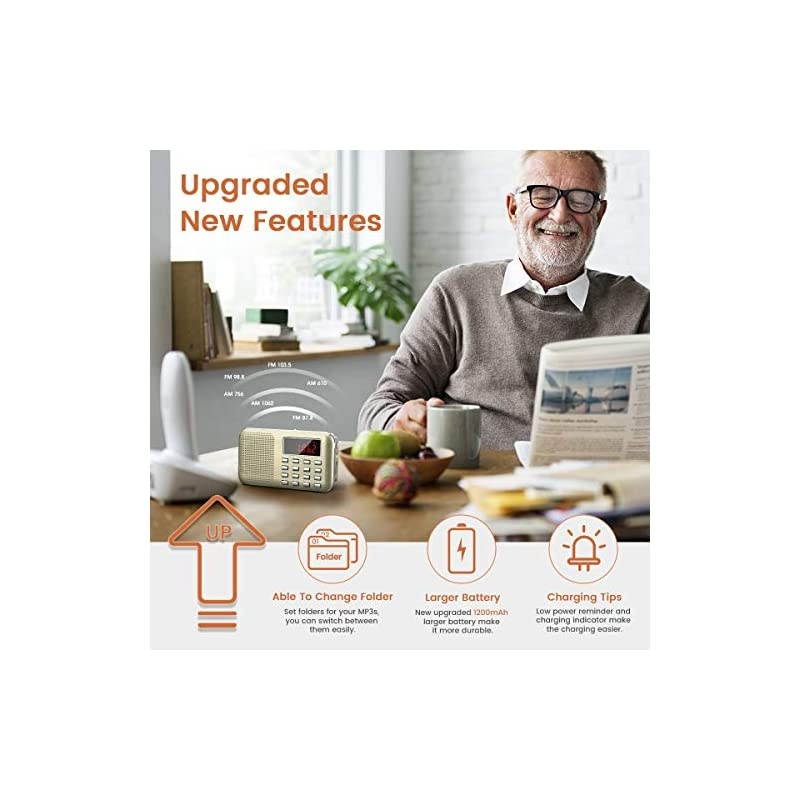 Mini Portable Radio AM FM Pocket Radio with LED Flashlight, Digital Radio Speaker Support Micro SD/TF Card/USB, Auto Scan Save, 1200mAh Rechargeable Battery Operated, by [Latest Version]