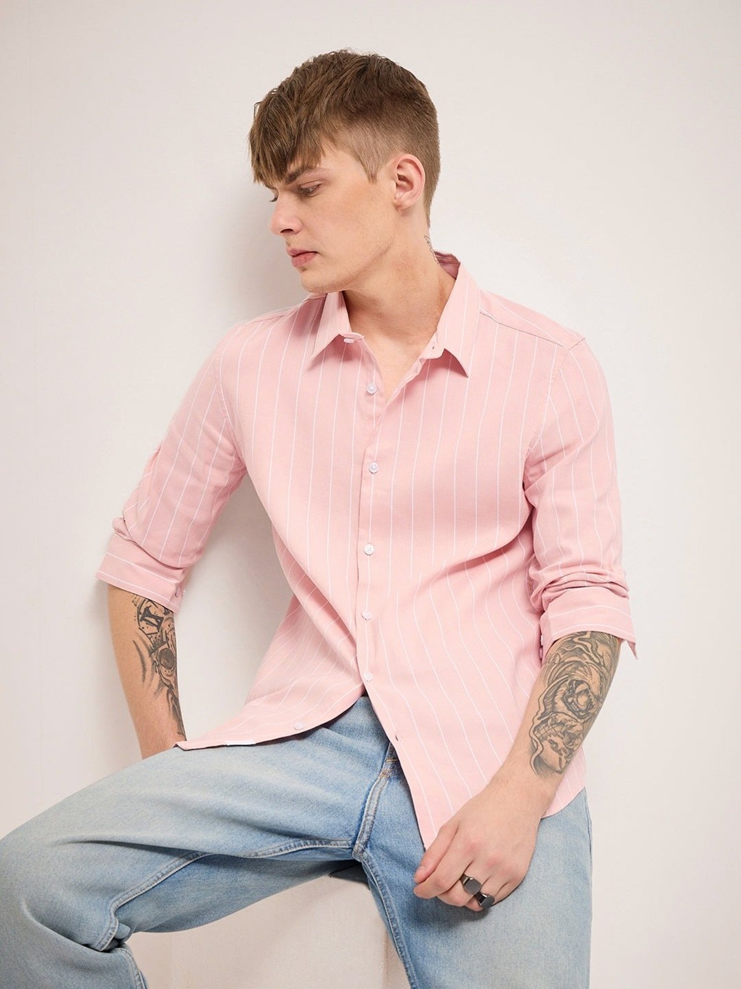 The Bear House Pink Slim Fit Striped Shirt