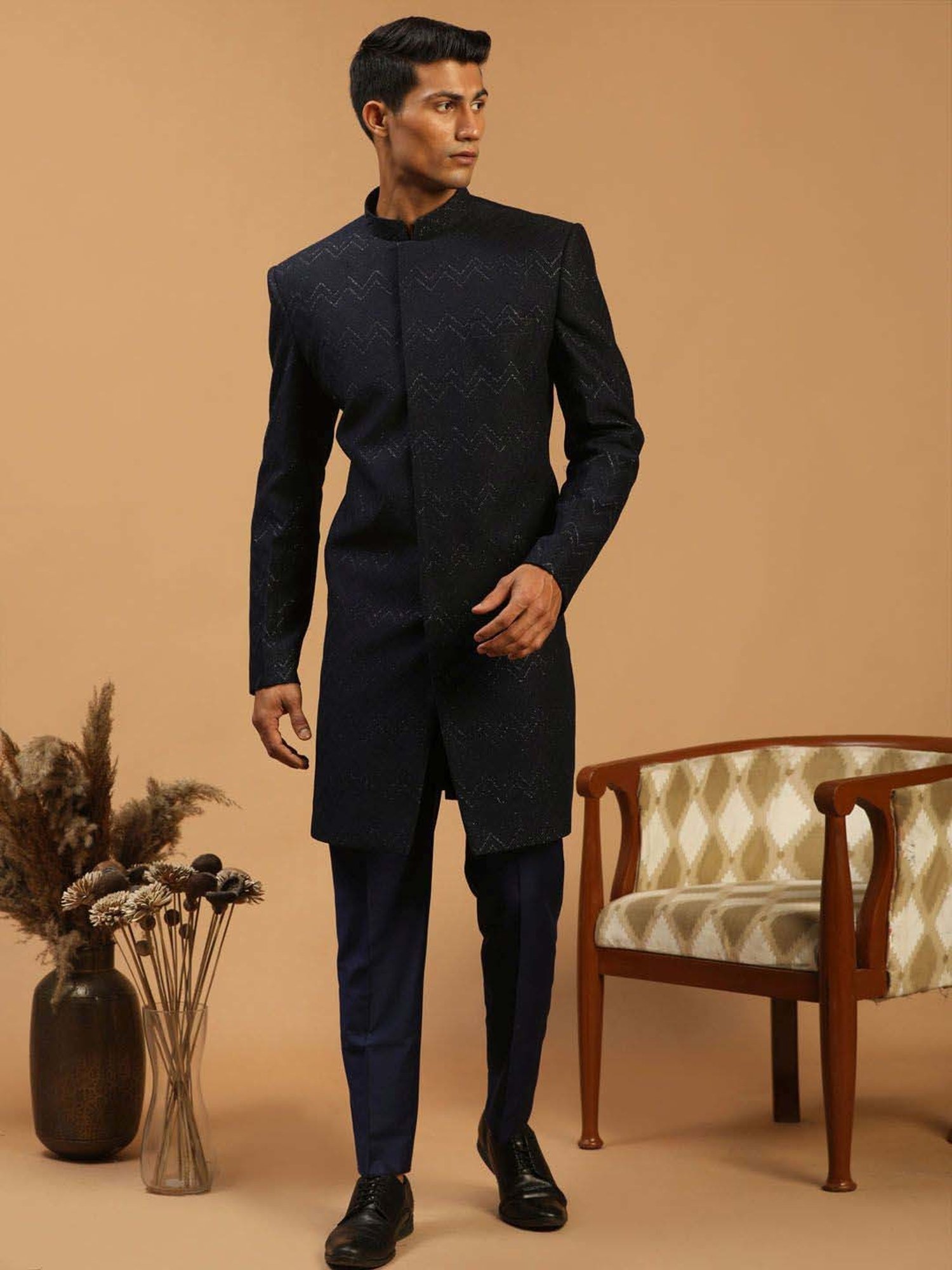 Vastramay Navy Regular Fit Embellished Sherwani Jacket
