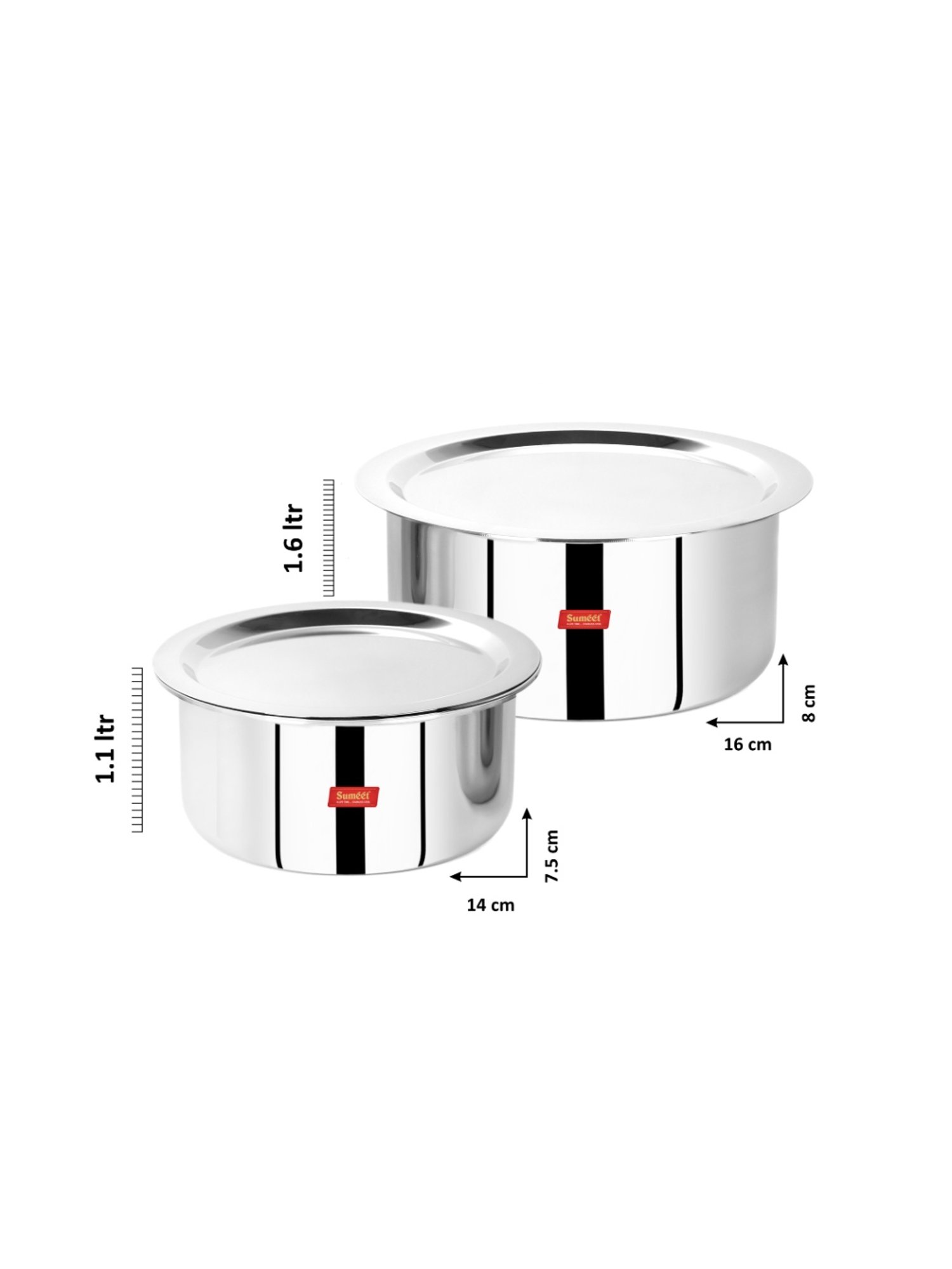 Sumeet Cook Smart TriPly SAS Tope Set of 2Pc with Lid-No. 14 (1.1 Ltr, 14Cm), No. 16 (1.6Ltr, 16Cm)