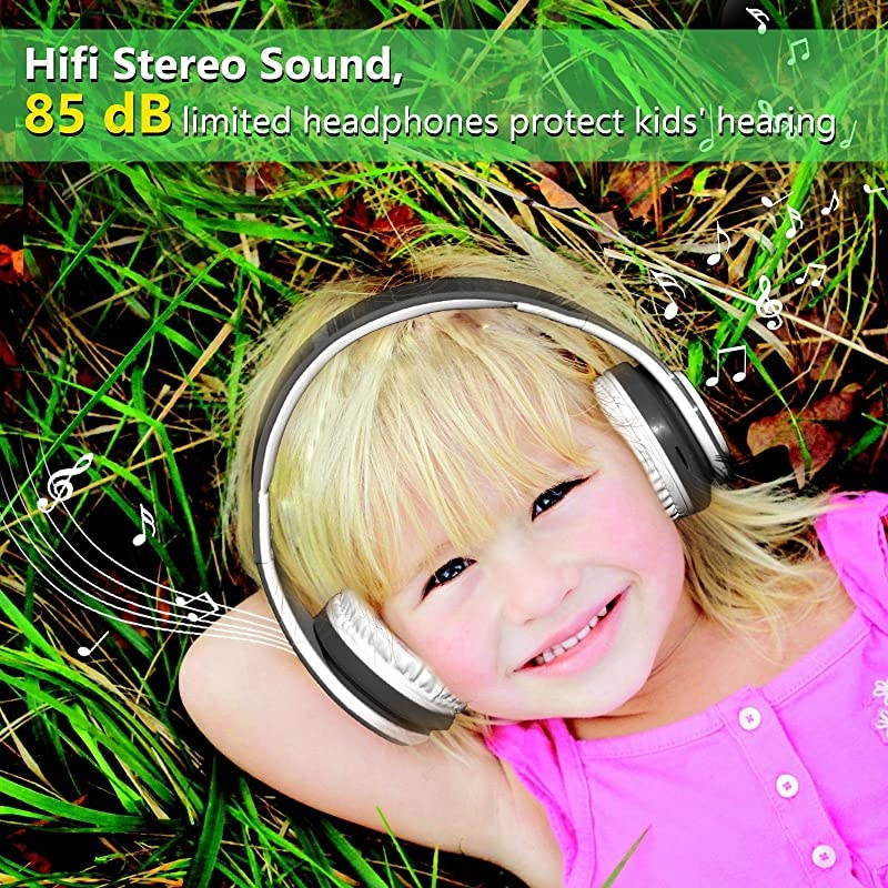 Headphones for Kids, 85db Volume Limited, up to 6-8 Hours Play, Stereo Sound, SD Card Slot, Over-Ear and Build-in Mic Wireless/Wired Headphones for Boys Girls(Black)