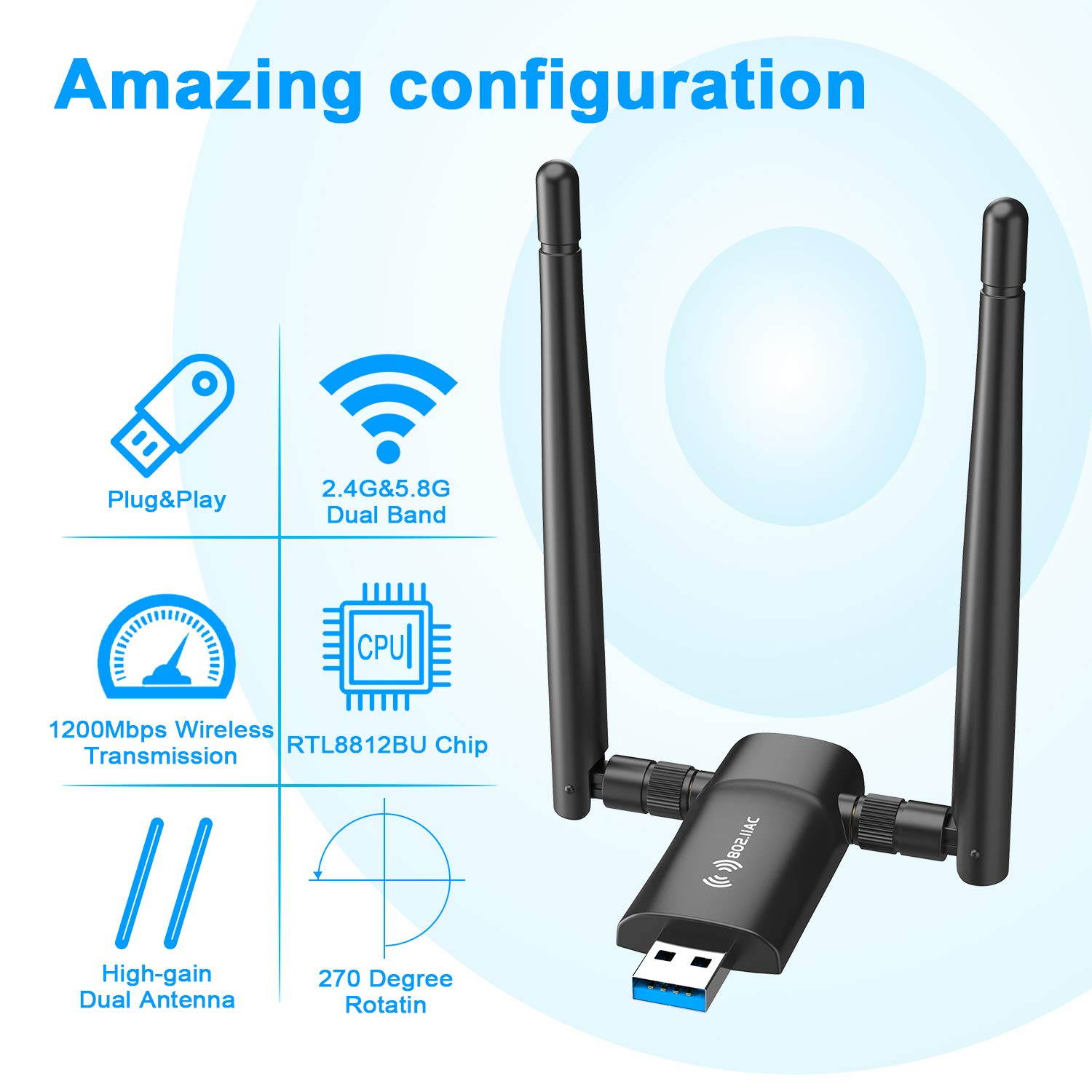 Wireless USB WiFi Adapter for PC - 802.11AC 1200Mbps Dual 5Dbi Antennas 5G/2.4G WiFi USB for PC Desktop Laptop MAC Windows 10/8/8.1/7/Vista/XP/Mac10.6/10.13, WiFi USB Computer Network Adapters