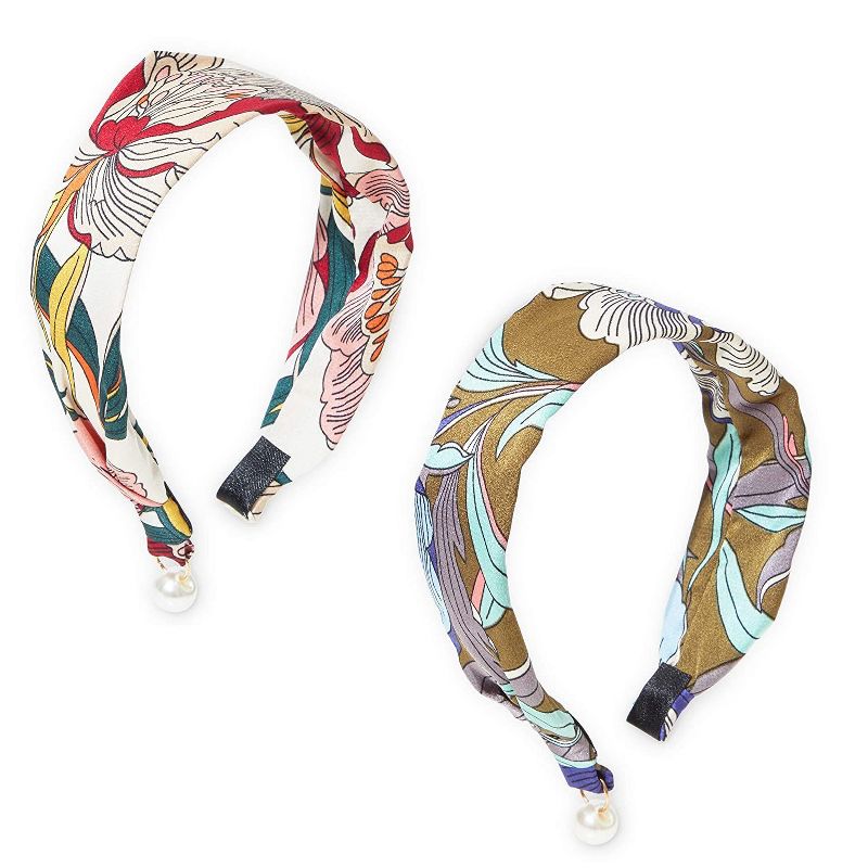 Glamlily 2 Pack Vintage Boho Satin Women's Headbands, Floral Print with Pearls, 5 x 1.7 x 6 in