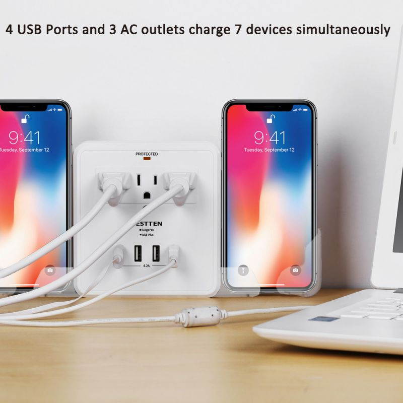 [2 Pack] BESTTEN 3 Outlet Wall Tap Adapter Surge Protector with 4 USB Charging Ports, 3 AC Outlets, and 2 Slide-Out Phone Holders, ETL Certified, White