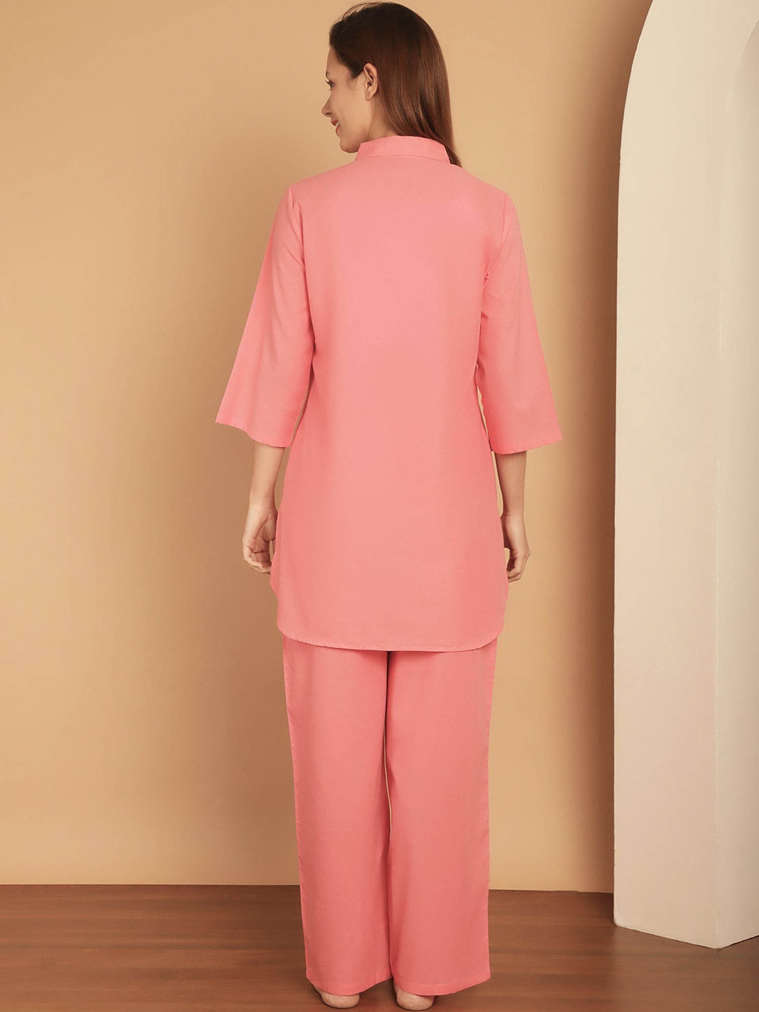 Kanvin Peach Cotton Embroidered Shirt Pyjamas Set