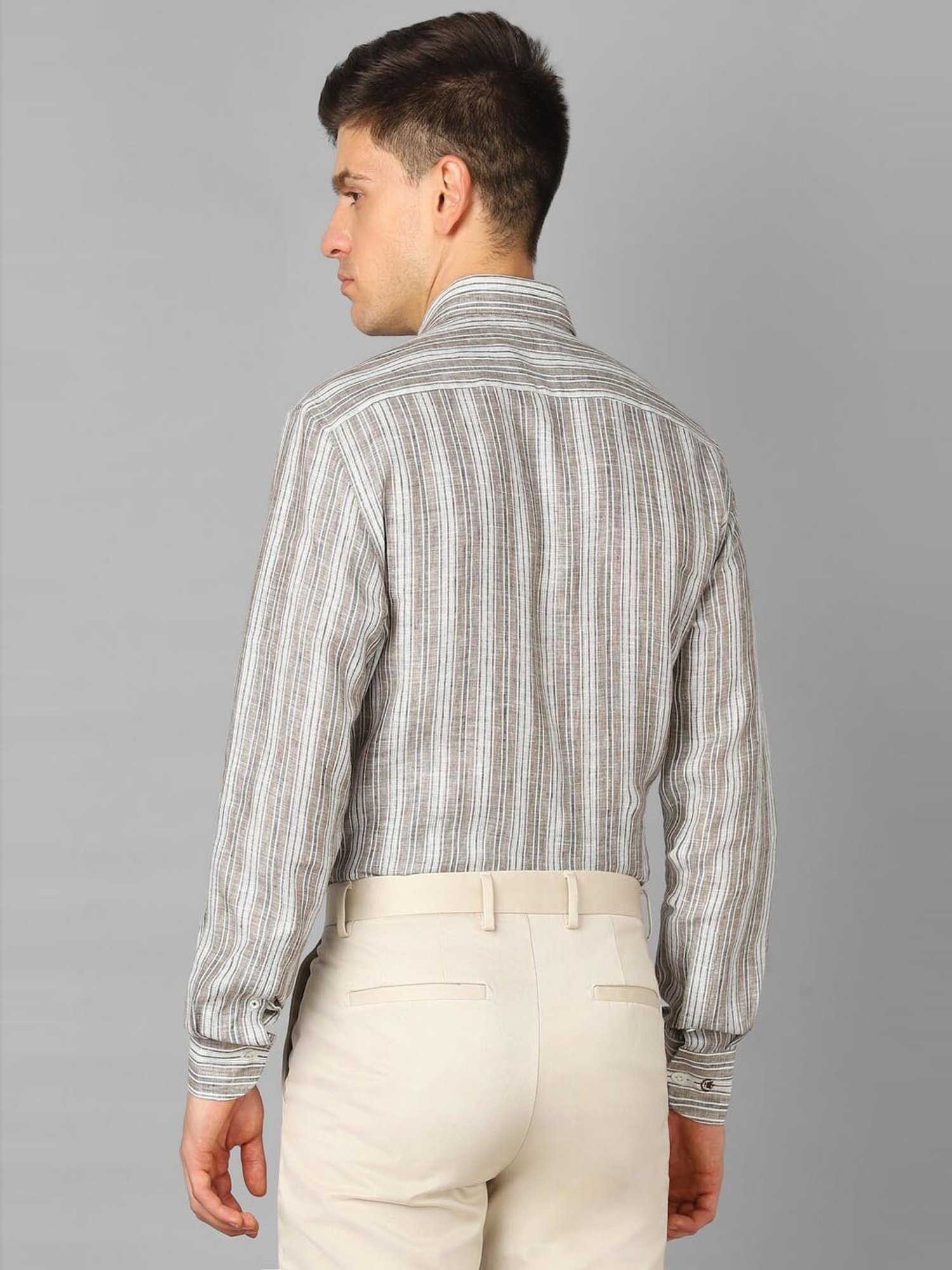 Luxure By Louis Philippe Grey Linen Regular Fit Striped Shirt