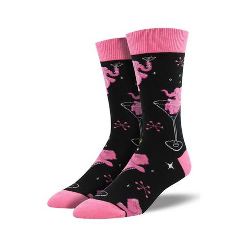 Novelty Socks 10.0" Pink Elephant Black Cotton Crew Martini Socksmith  -  Socks