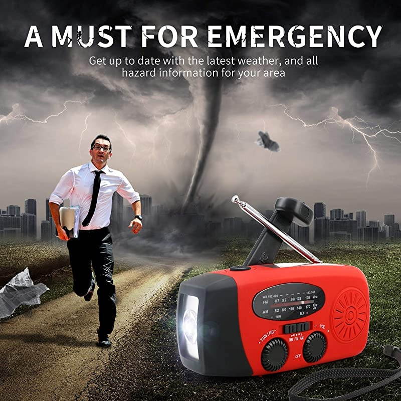 Hand Crank Radio, Portable Self Powered AM/FM/NOAA Solar Wind Up Weather Radio, with LED Flashlight, USB Rechargeable, 1000mAh Power Bank for Cell Phone Charger Red