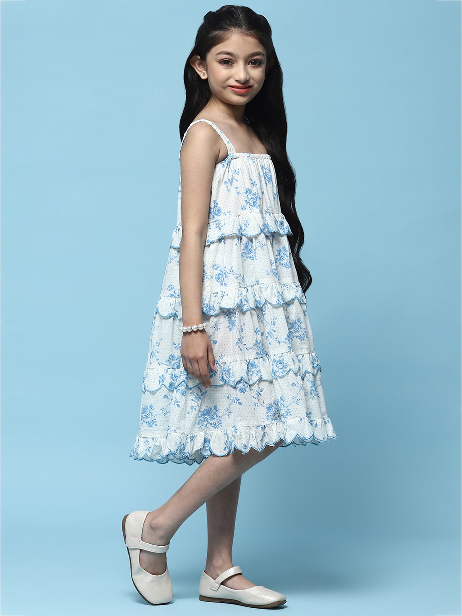 BIBA Girls White & Blue Floral Print Dress