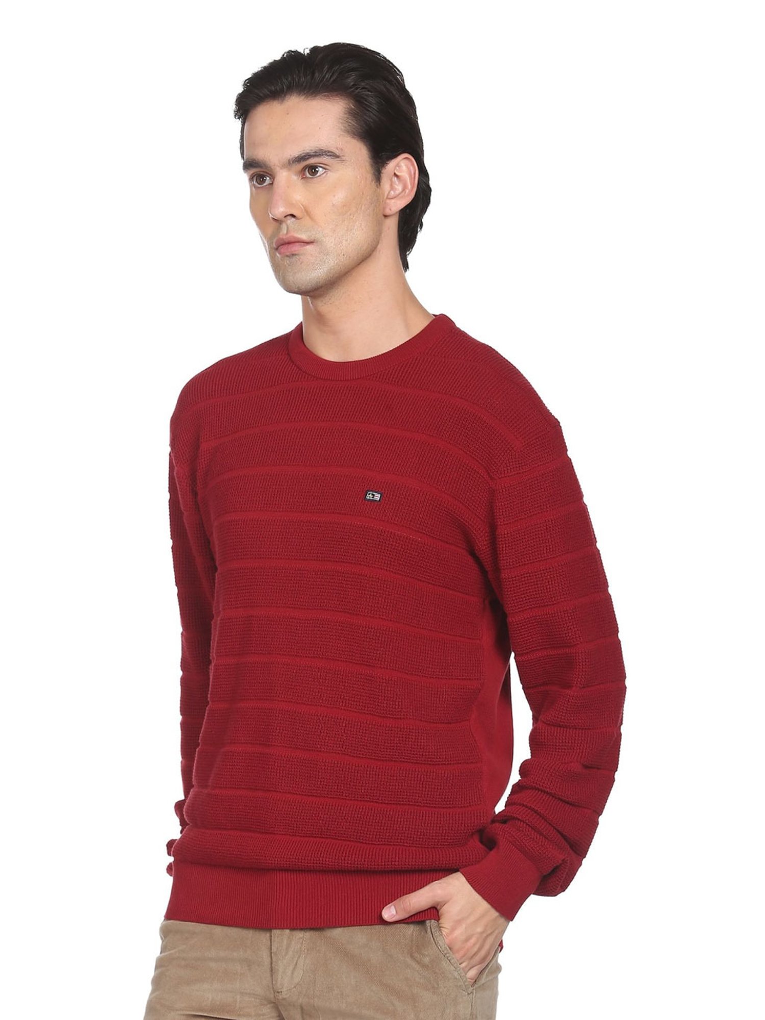 Arrow Sport Red Cotton Regular Fit Striped Sweater
