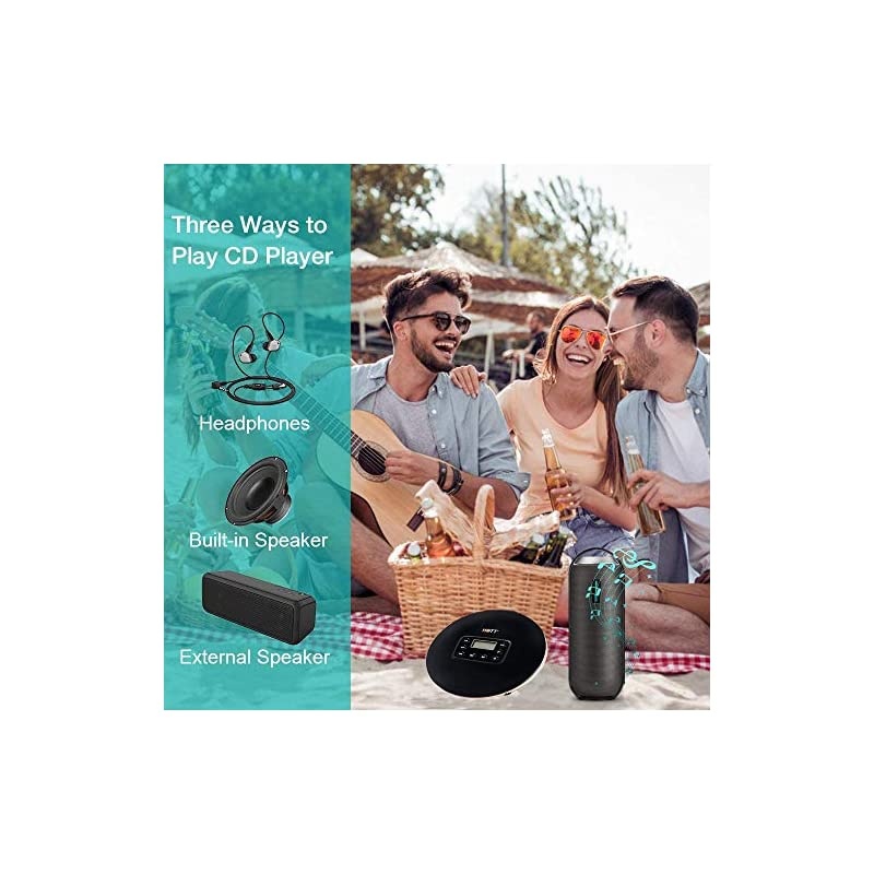 Bluetooth Portable CD Player Built-in 1000mah Lithium Battery for Home Travel and Car with Stereo Headphones, Anti Shock Protection - Black