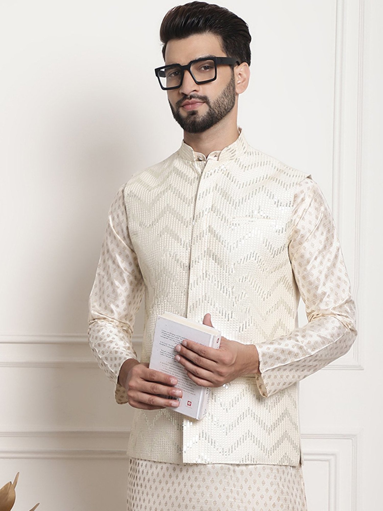 Sojanya Cream Regular Fit Embroidered Nehru Jacket