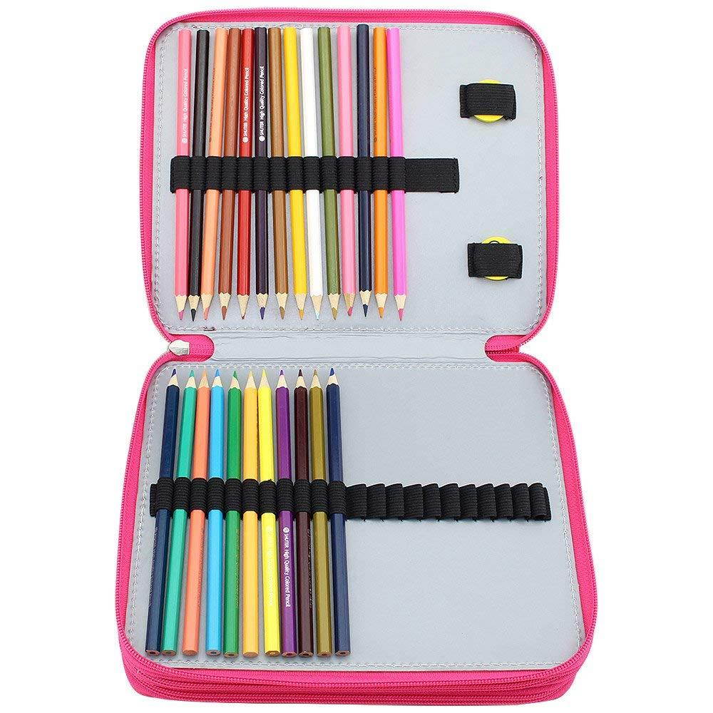 Shulaner 155 Slots Colored Pencil Case Rose Red Leather Pen Holder Large Capacity Portabl Organizer Holds Up to 80 Colored Pencils and 72 Colored Gel Pens with 3 Larger Slots for Eraser or Sharpener