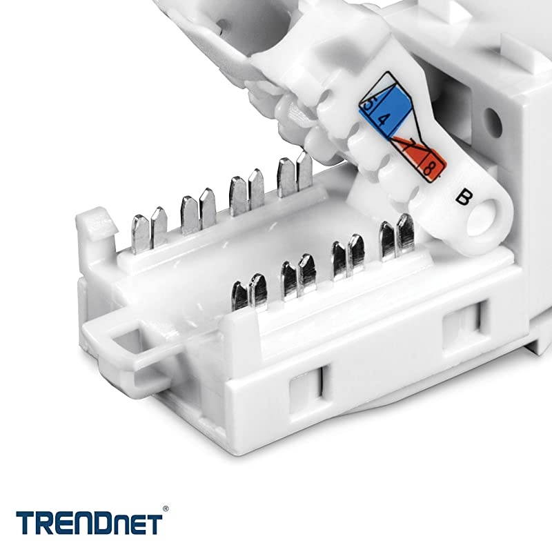 Cat6 Keystone Jack, 25-Pack Bundle, TC-K25C6, 90&deg; Angle Termination, Compatible with Cat5, Cat5e, & Cat6 Cabling, Color-Coded Labeling for T568B Wiring, Gold-Plated Contacts, Tool-less Design