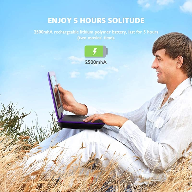 11.5" Portable DVD Player with SD Card/USB Port, 5 Hour Rechargeable Battery, 9.5" Eye-Protective Screen, Support AV-in/Out, Region Free, Purple