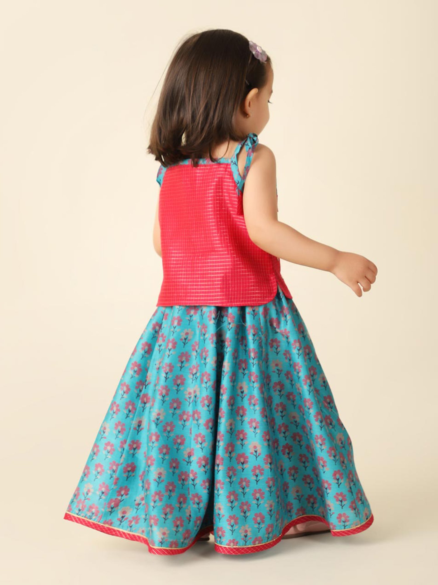 Fabindia Kids Red & Turquoise Floral Print Lehenga with Choli