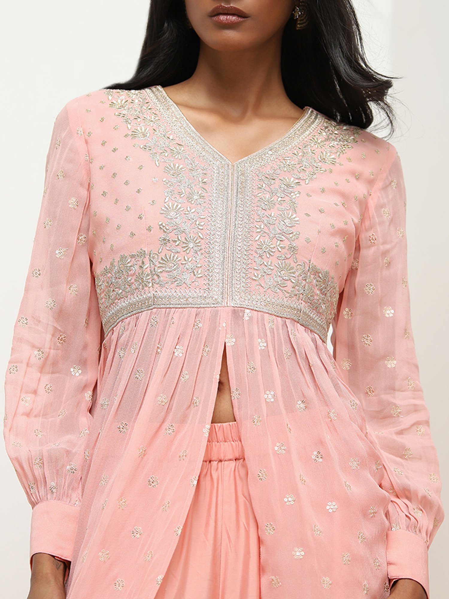 Vark by Westside Pink Floral Embroidered Ethnic Top with Palazzos Set