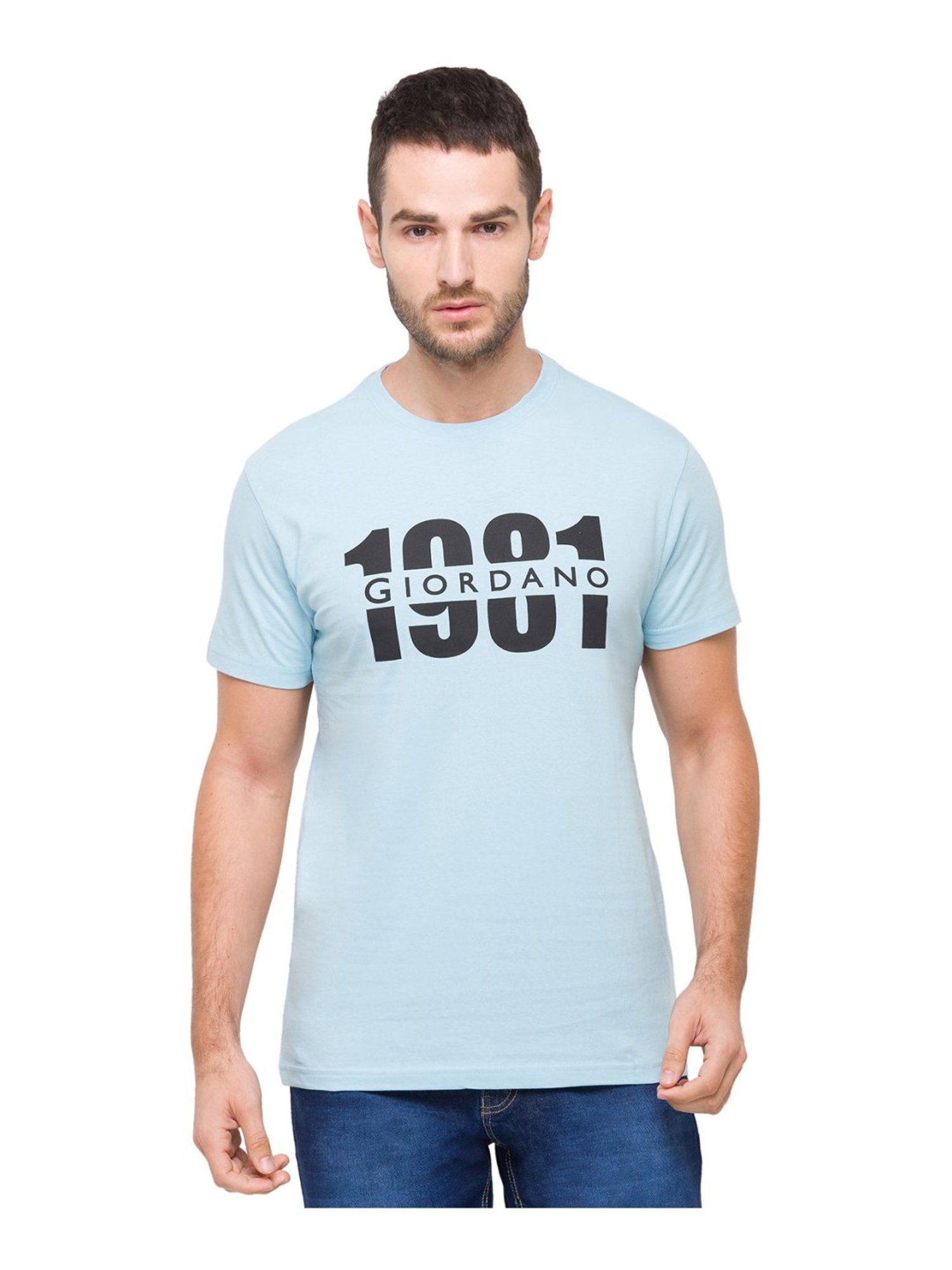 Giordano Light Blue Cotton Slim Fit Logo Printed T-Shirt