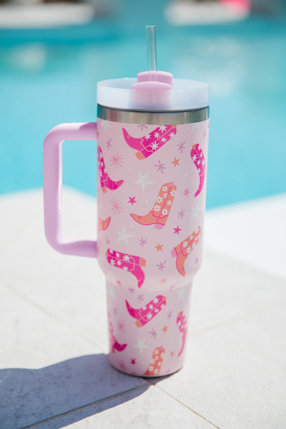 Pink Checkered Print Handled Stainless Steel Tumbler Cup