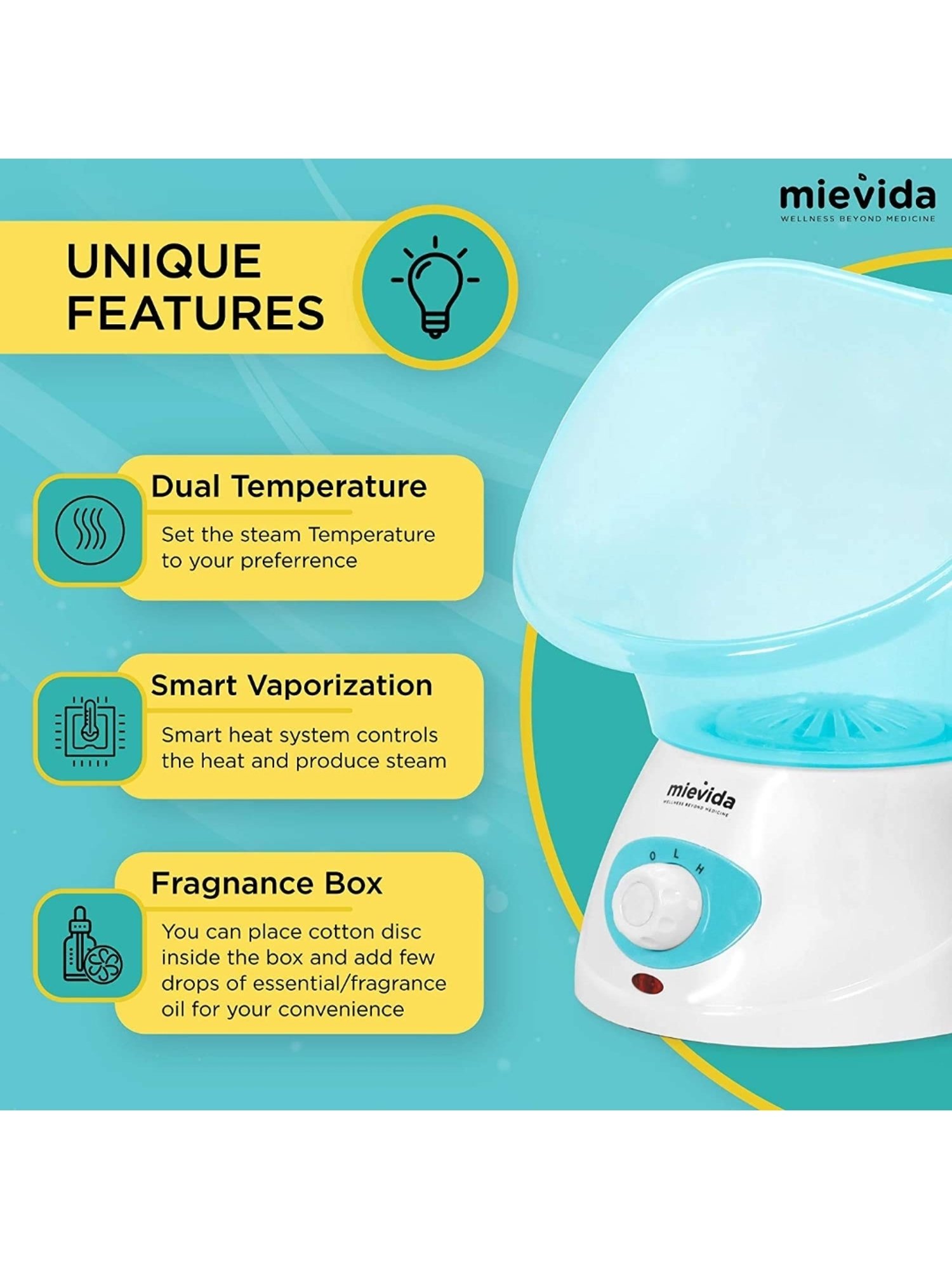 Mievida Steam Inhaler Vaporizer and Facial Steamer With Two Level Heat Setting (Blue)