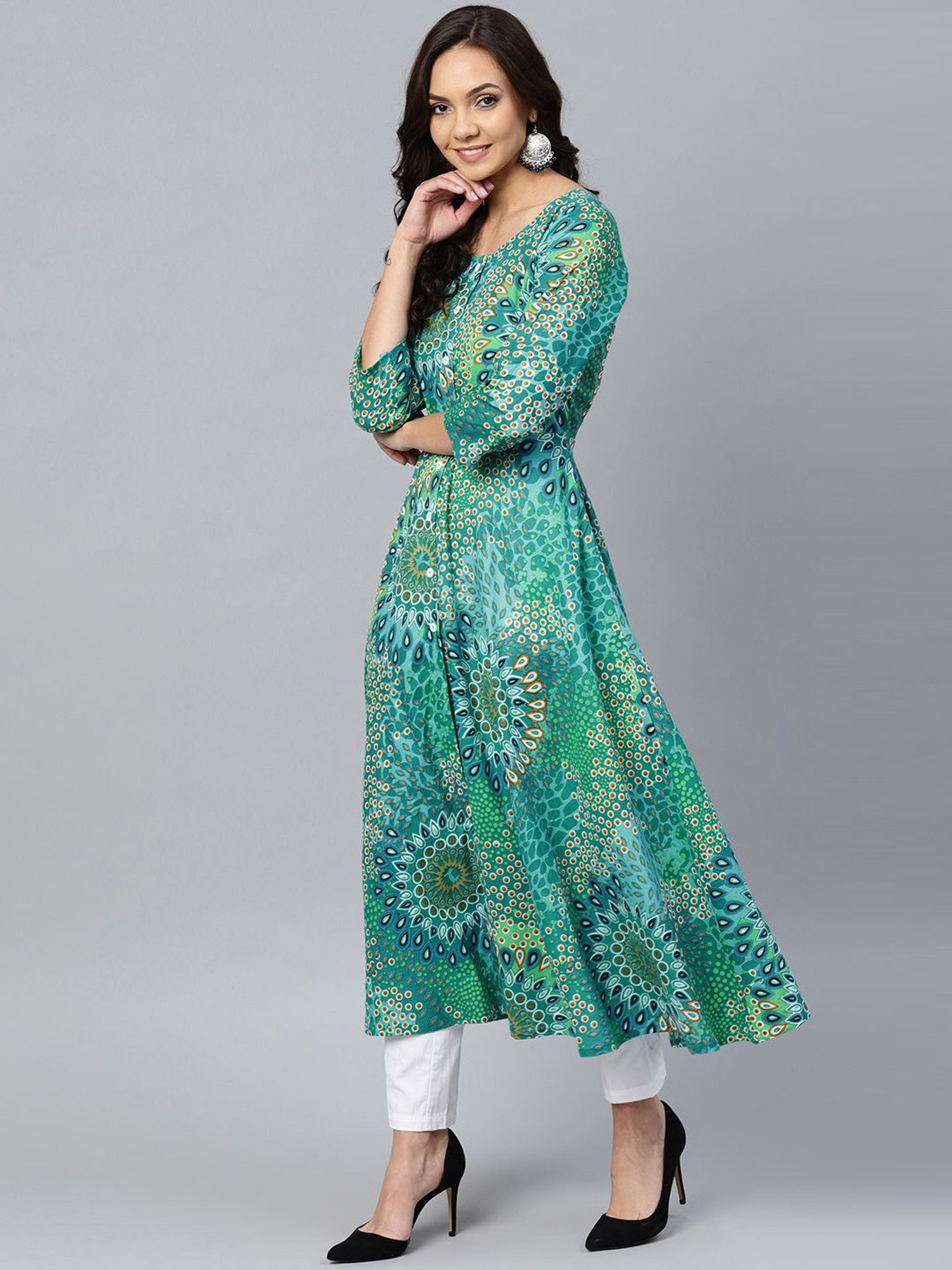 Jompers Green Cotton Floral Print Flared Kurta