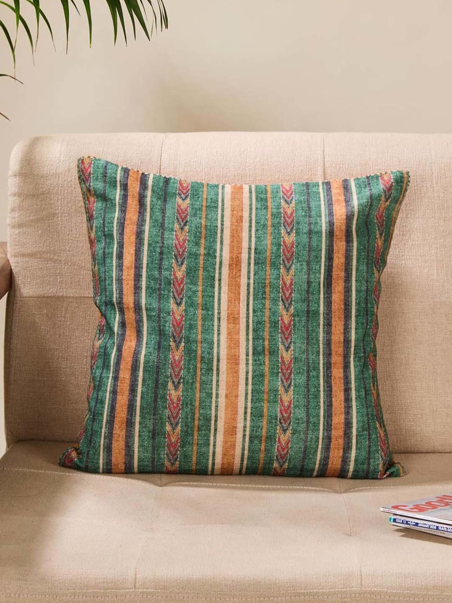 Fabindia Home Green Cotton Printed Fergana Cushion Cover