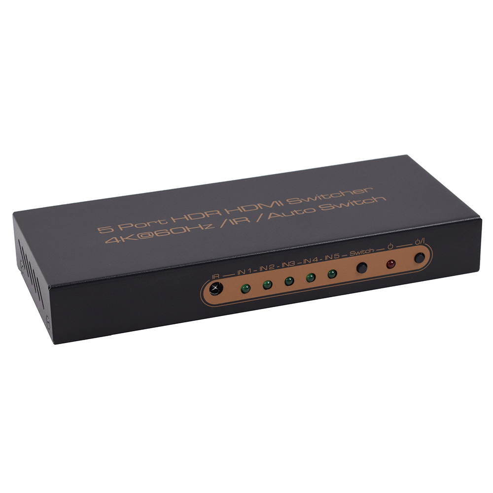 5 Port HDR HDMI Switcher.Support 4K@60Hz UHD signal input and output.Five HDMI Inputs switch to one HDMI Output