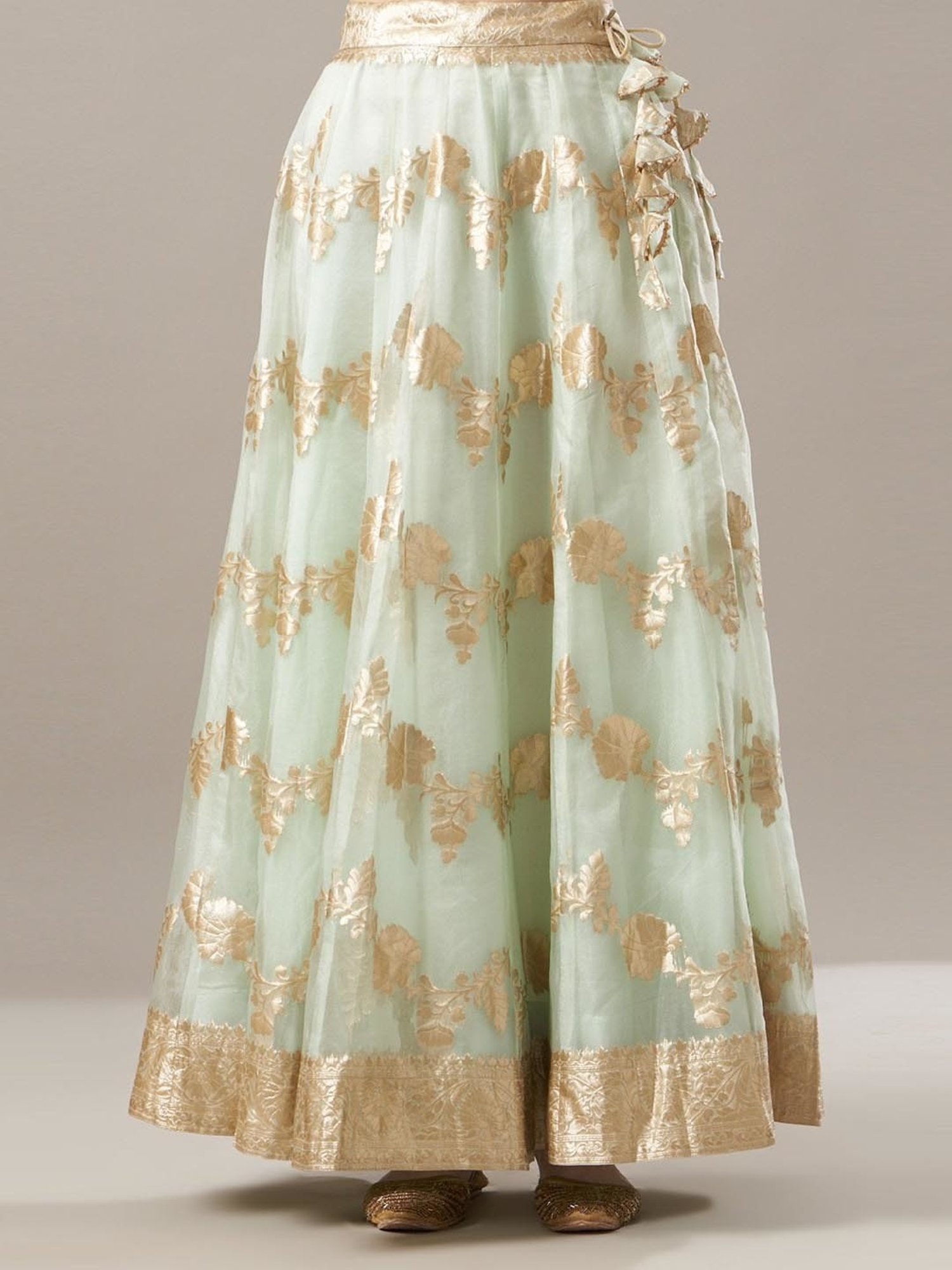 Geroo Jaipur Light Green Organza Banarasi Lehenga Set with Mukaish Dupatta