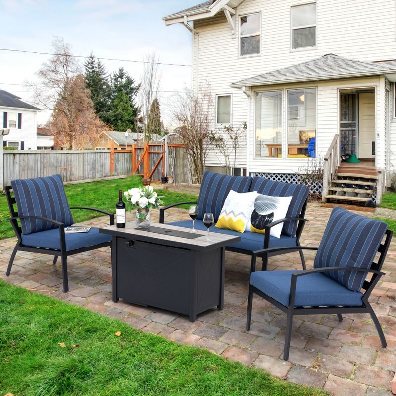 4pc Outdoor Aluminum Fire Pit Sofa Set Black & Blue - Nuu Garden