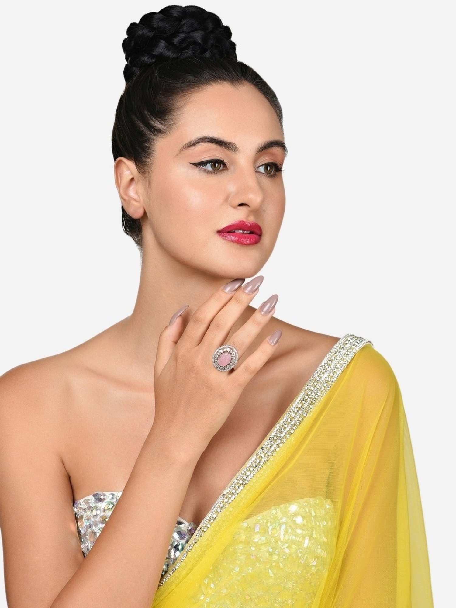 Zaveri Pearls Pink Stone & Dazzling Cubic Zirconia Embellished Brass Contemporary Ring-ZPFK15829