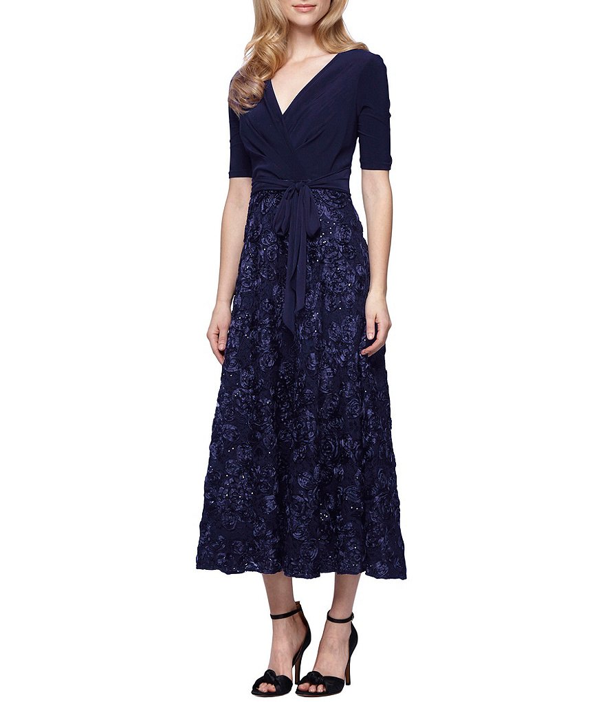 Alex Evenings Tea-Length Rosette Skirt Party Dress