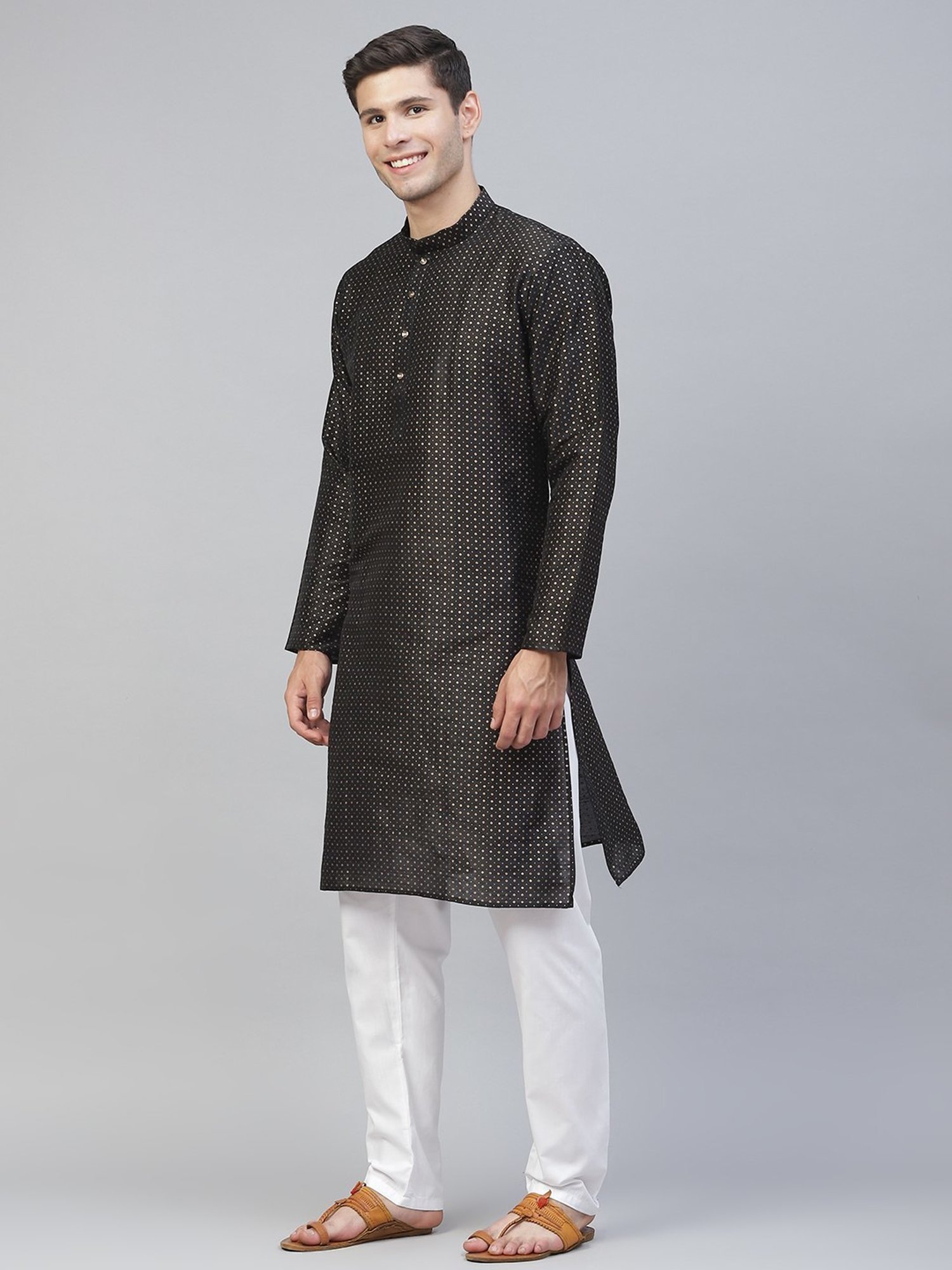 ManQ Black & White Regular Fit Printed Kurta Bottom Set