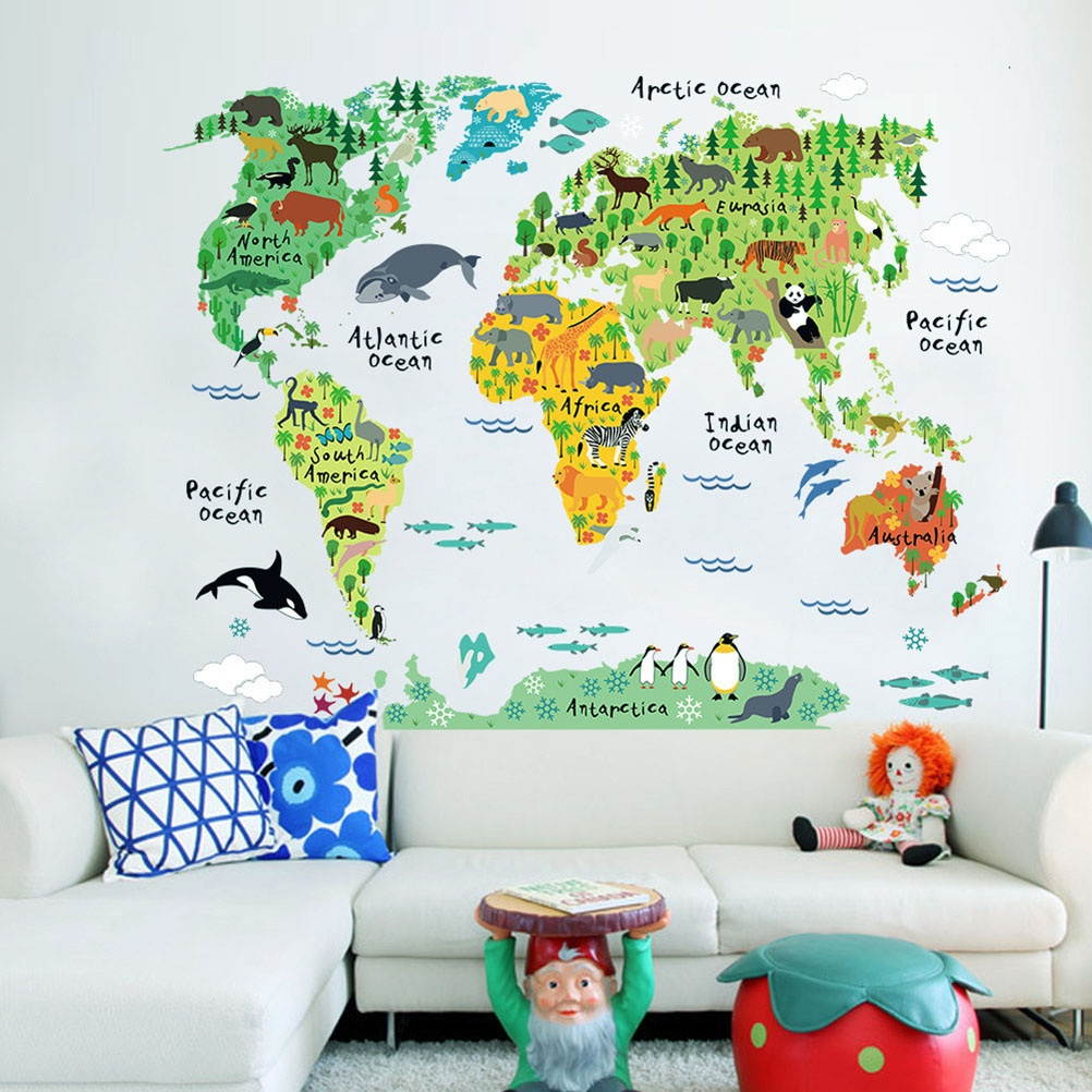2pcs Animal World Map Sticker Chic Wallpaper Unique Wall Decal Decorative Sticker for Kids Room Home