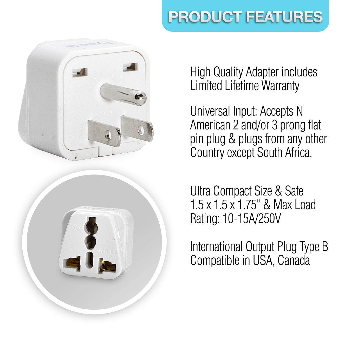 Ceptics USA, Canada, Japan, Philippines Travel Plug Adapter (Type B), Universal Socket Plug Accepts Plugs From any Country, Perfect for Cell Phones, Laptops, Chargers and More - 3 Pack (GP-5)