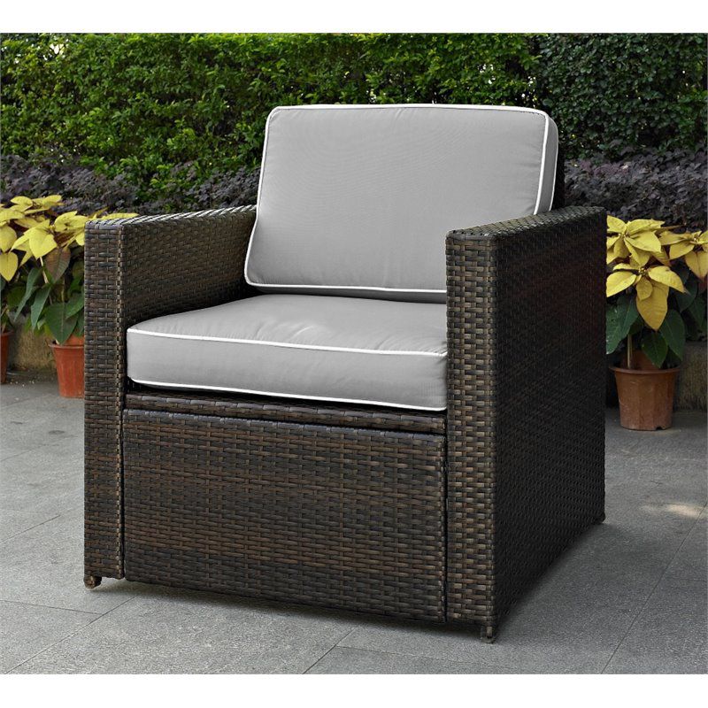 Steel Wicker Patio Arm Chair with Gray Cushions-Pemberly Row