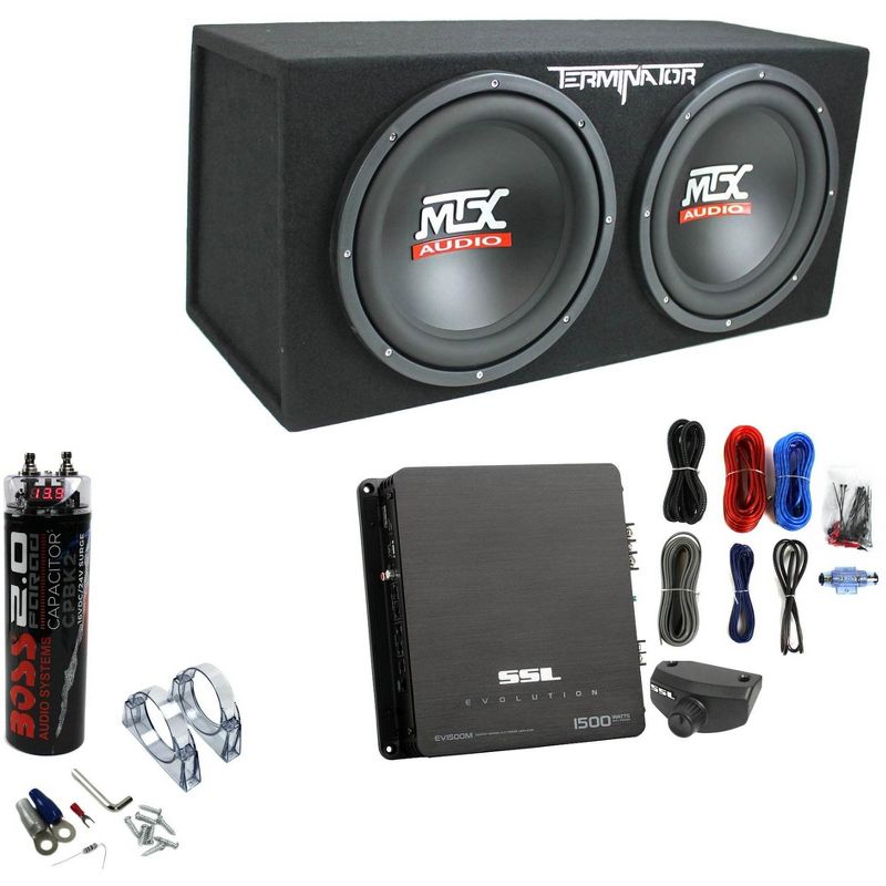 MTX TNE212D 12" 1200W Dual Loaded Subwoofer Box + 1500W Amp + Wiring + Capacitor