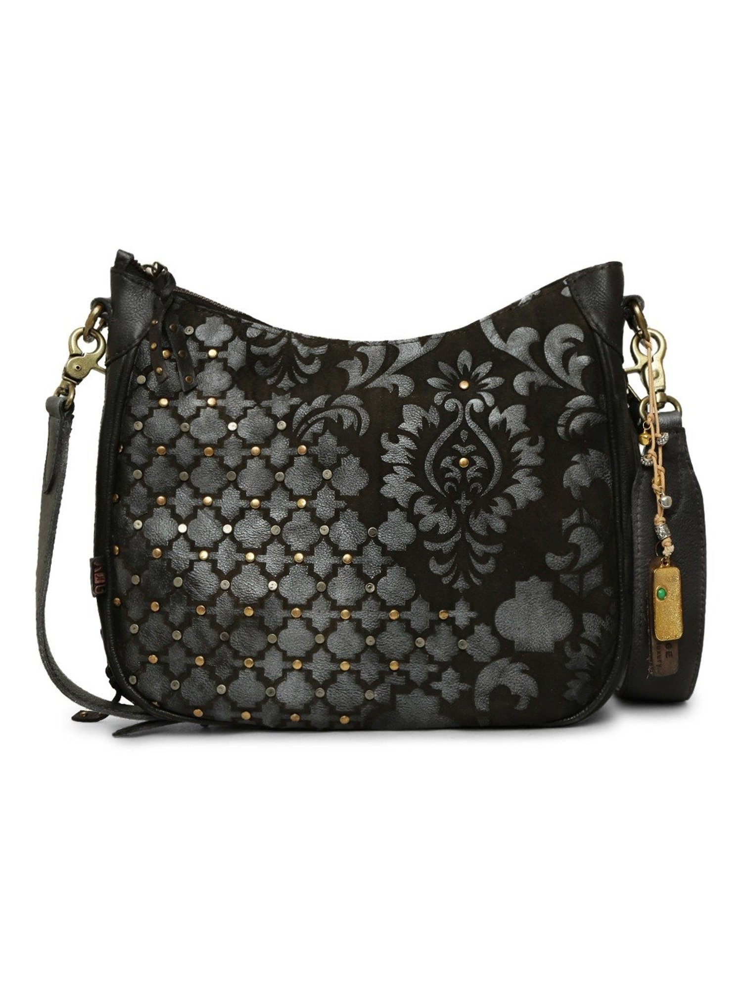 Art N Vintage Luminosa Black Leather Floral Medium Hobo Handbag