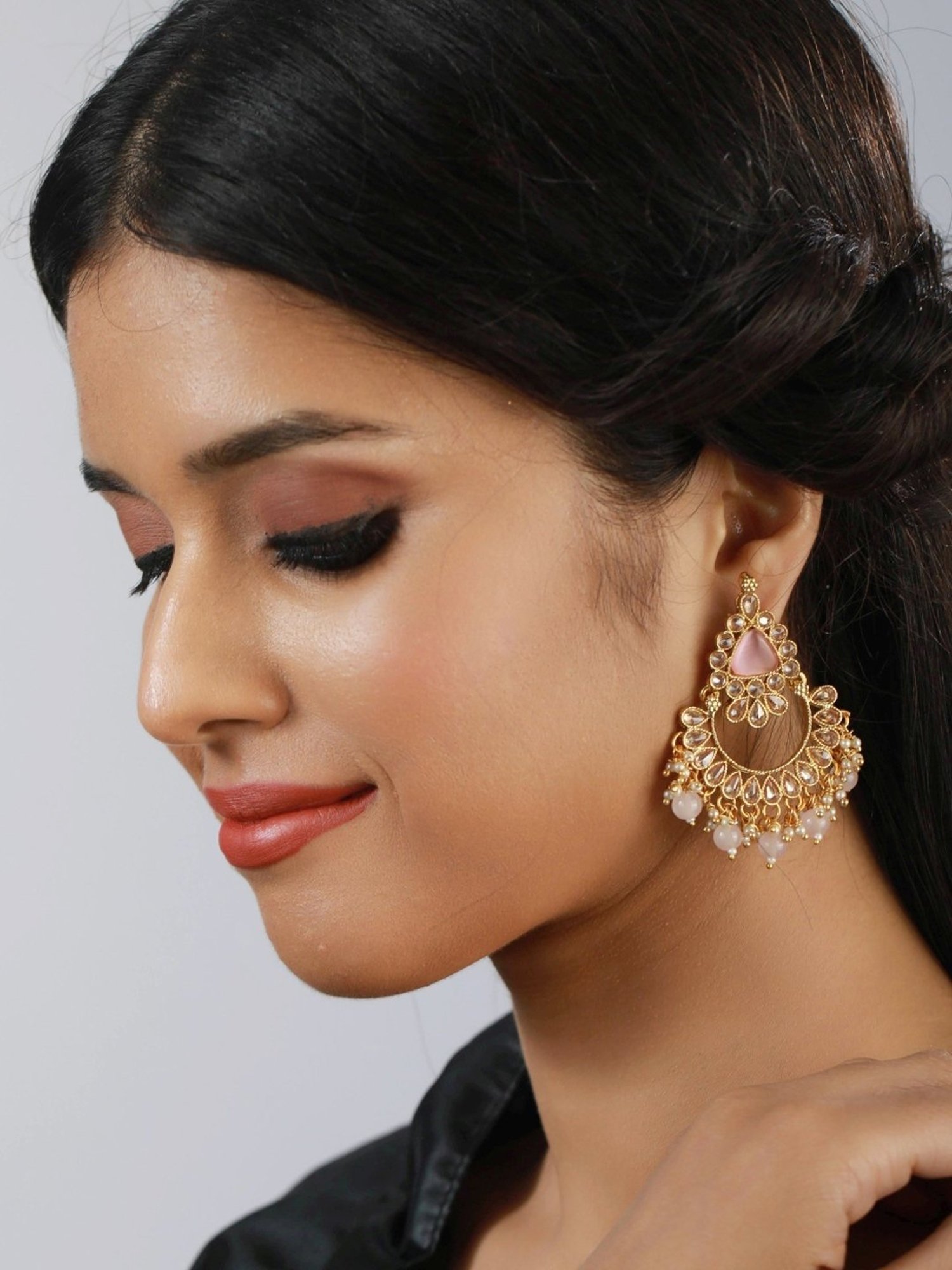 Aatmana White Kundan Studded & Pink Stone, Gold-Plated Chand Bali Earrings for Women