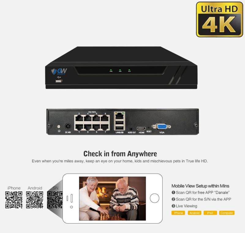 GW Security 4K 8 Channel NVR Security Camera System with 1TB HDD, 4 x 4K IP PoE 8MP Turret cameras, 100-Degrees Wide-angle, 100FT Night Vision