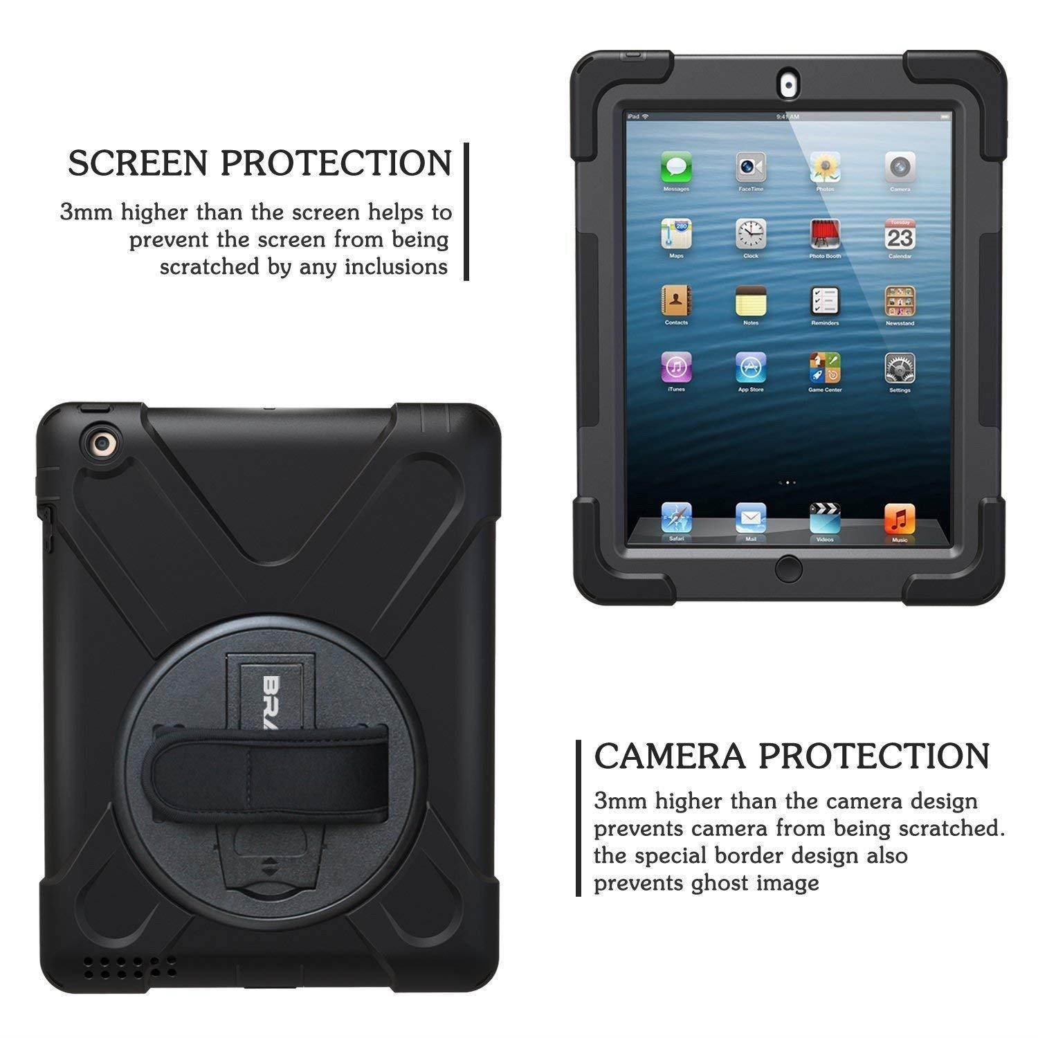 iPad 2 Case for Kids, iPad 2 3 4 Case, BRAECN[360 Degree Rotation Handle Grip] Three Layer Heavy Duty Shockproof Protective Case for iPad A1395 A1396 A1397 A1403 A1416 A1430 A1458 A1459 A1460 Black