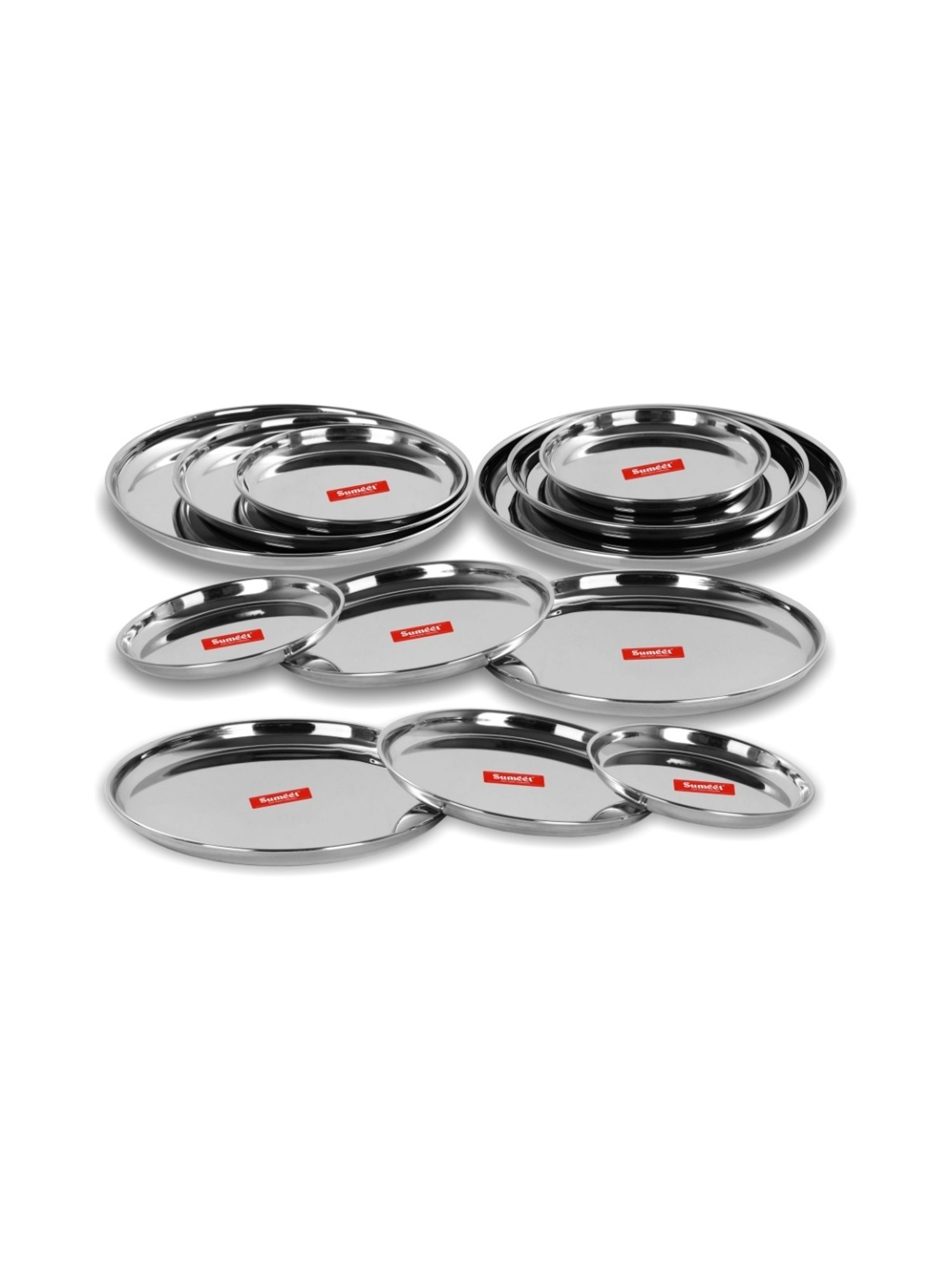 Sumeet S.S. Heavy Gauge Multi Purpose Plates with Mirror Finish Set of 12pc ( Dia-17cm, 22cm,27.5cm)