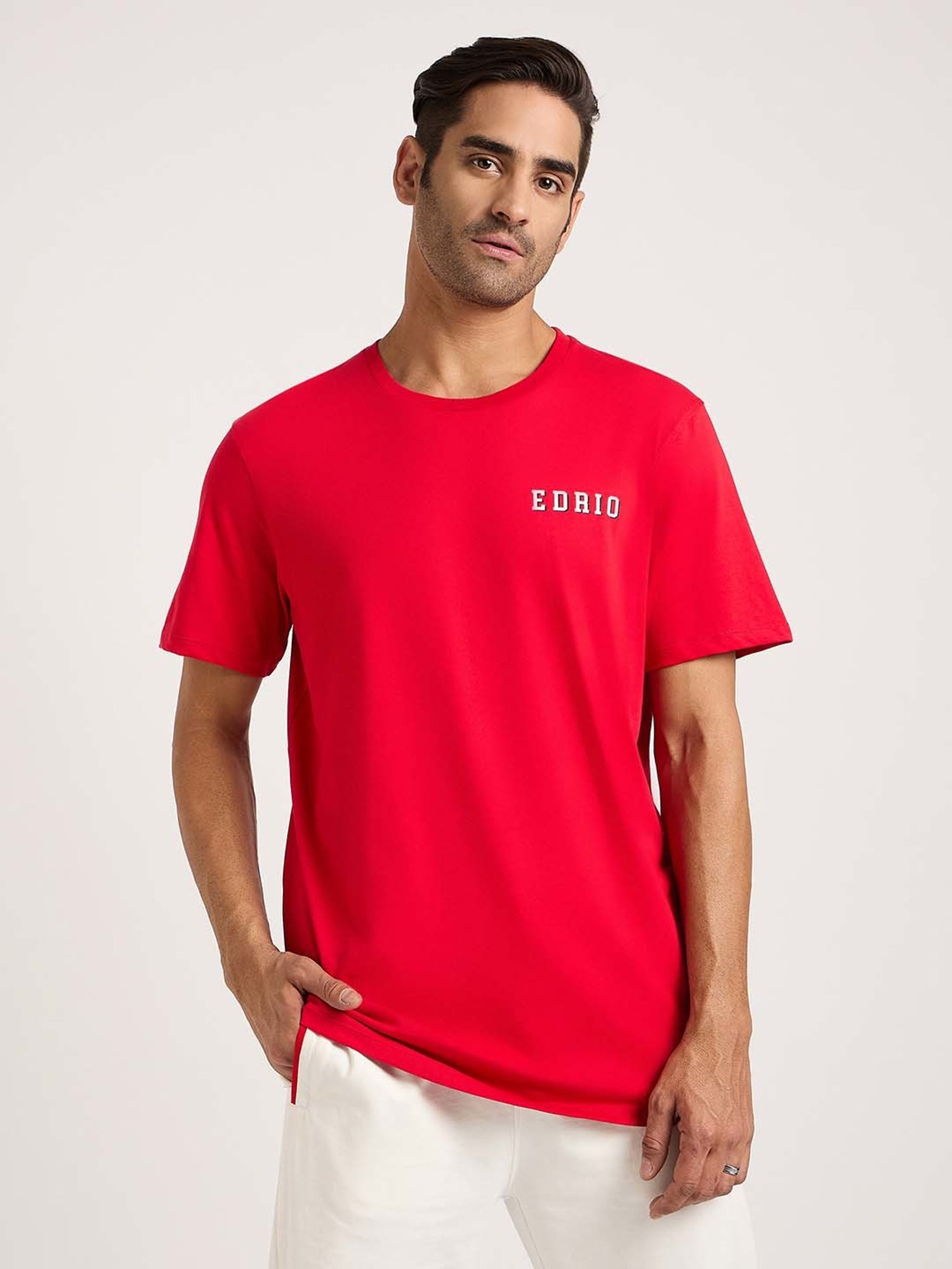 EDRIO Red Regular Fit Printed Crew T-Shirt