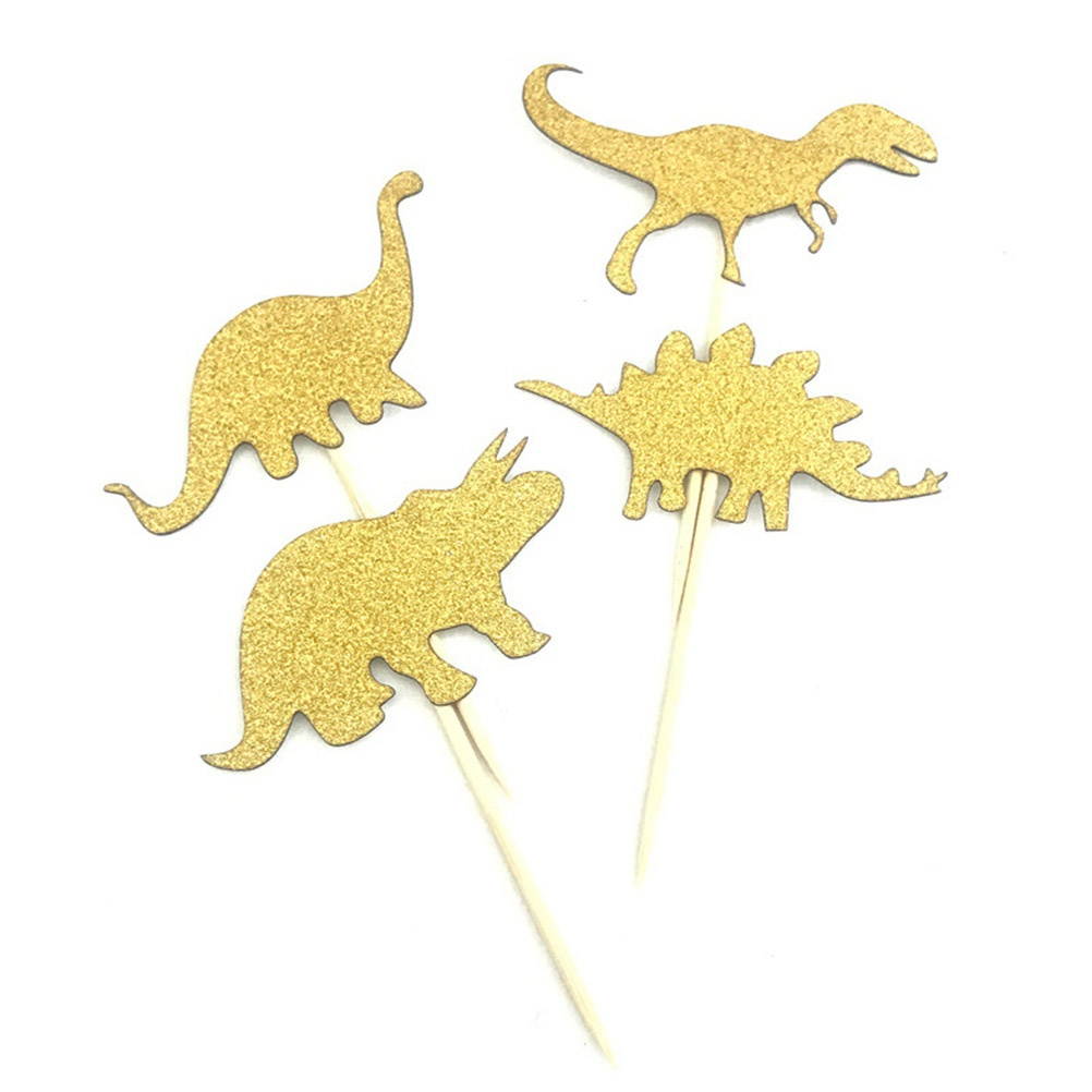 24PCS Golden Dinosaur Cake Toppers Decorative Glittering Animal Cupcake Muffin Food Fruit Picks Party Favors Supplies