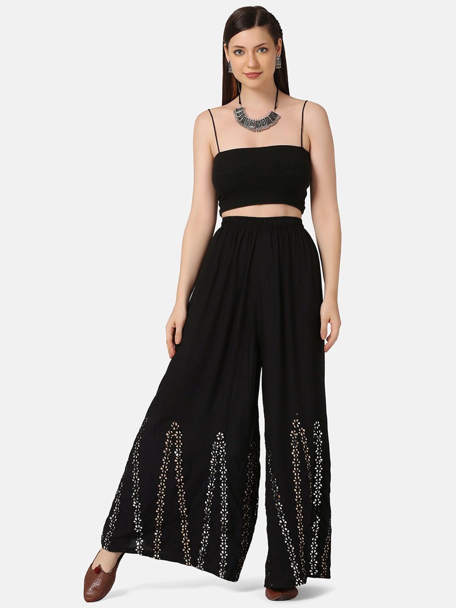 BUYNEWTREND Black Embroidered Palazzos
