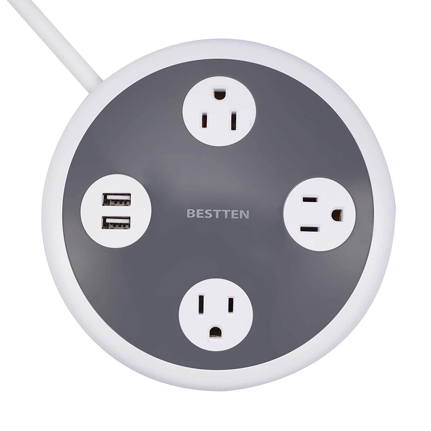 BESTTEN Desktop Power Strip with USB Ports (3.1 Amp), 3 Wide-Spaced Outlets and 2 USB Charging Ports, 4' Heavy Duty Extension Cord, ETL Certified, Gray & White