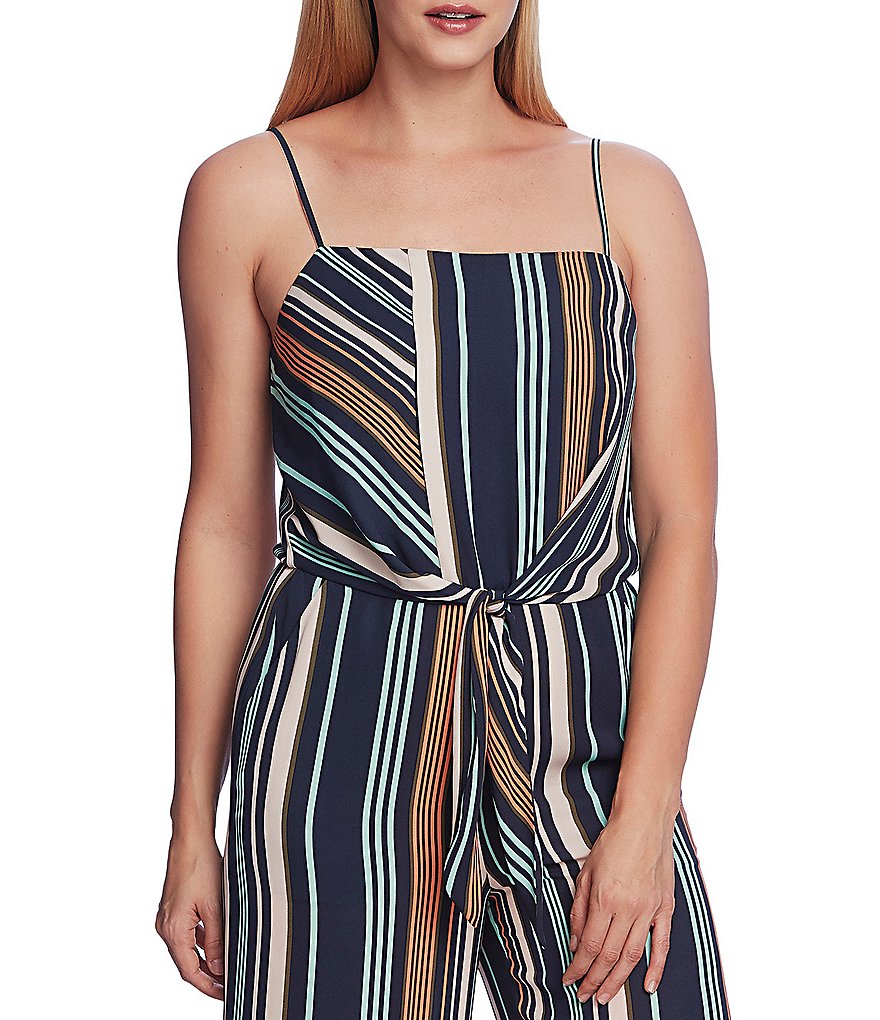 Vince Camuto Petite Size Southwestern Stripe Tie Front Square Neck Sleeveless Jumpsuit