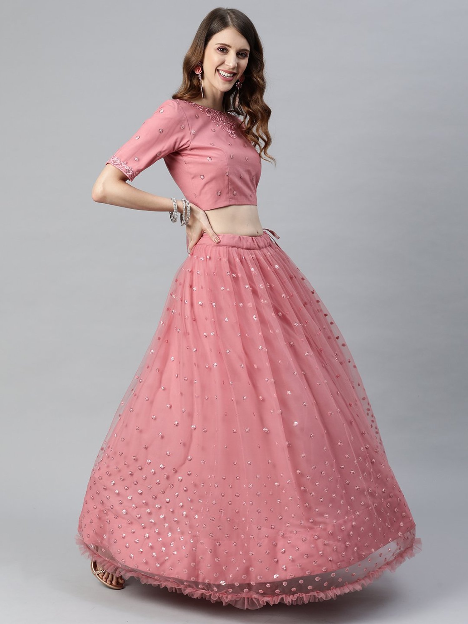 SHUBHKALA Pink Embellished Lehenga Choli Set With Dupatta