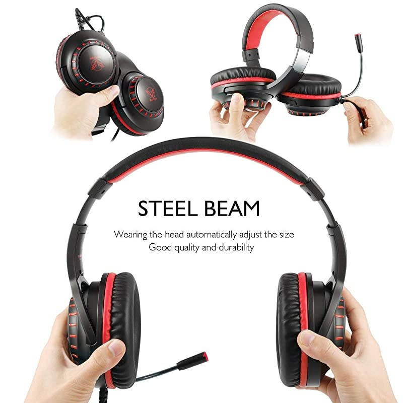 Gaming Headset for PS4 Xbox One PC with Noise Cancelling Microphone Stereo Surround Sound Headphone with LED Light Intense Bass for Computer Laptop Mac Black Red