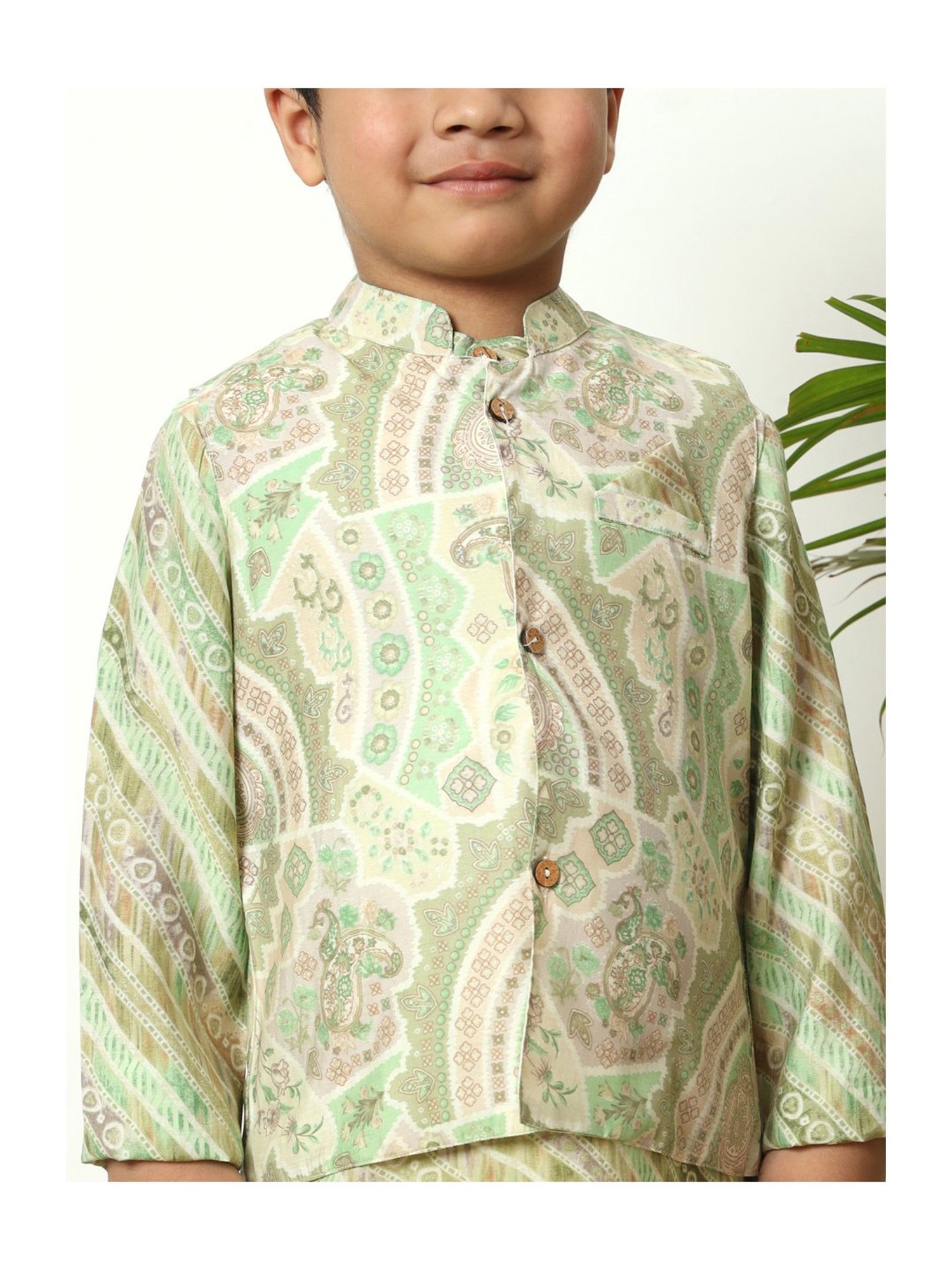 READIPRINT FASHIONS Kids Green & Cream Printed Full Sleeves Kurta, Pyjamas with Nehru Jacket
