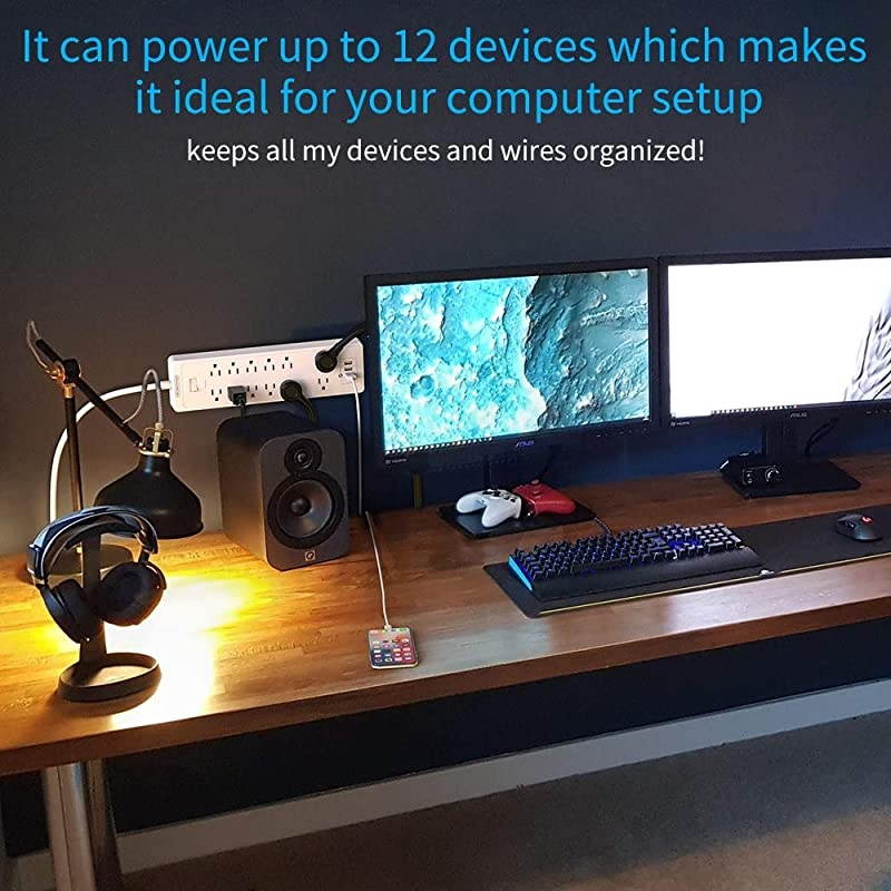 Power Strip with USB,  Flat Plug Surge Protector, 10 Ft Extension Cord ,12 Outlets and 3 USB Ports, 2100 Joules,1875W/15A, Wall Mount for Home Office Accessories, White